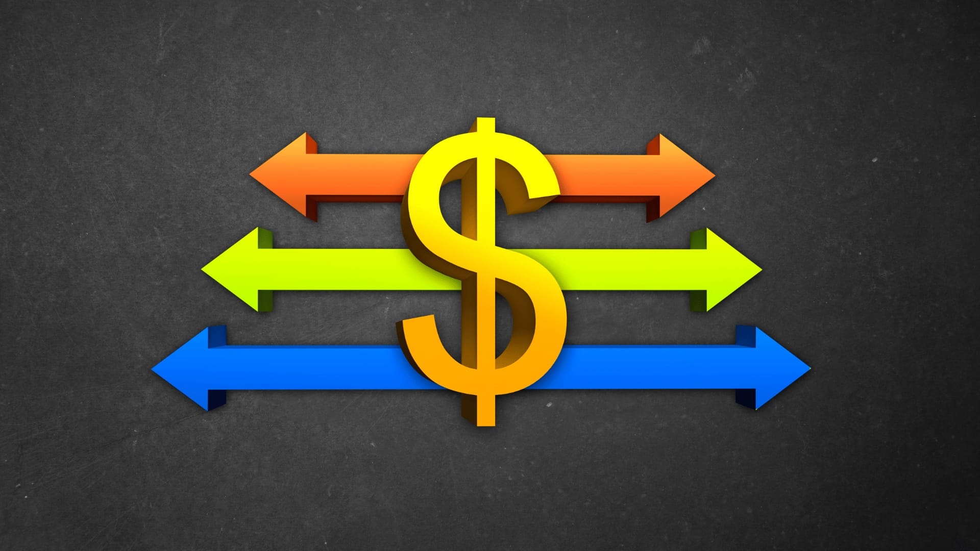 Símbolo del dólar con flechas coloridas que apuntan en direcciones diferentes
