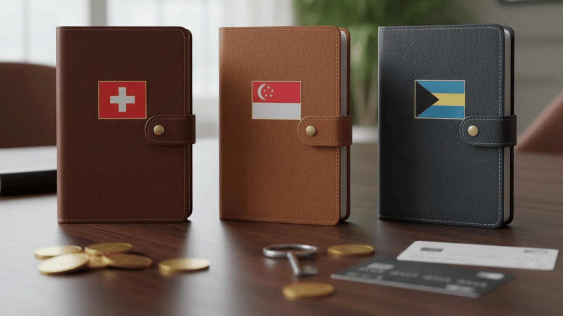 Tres libretas que simbolizan la diversificación patrimonial en 3 países que son Suiza, Singapur y Bahamas. Las tres libretas están sobre la mesa junto a monedas, llaves y tarjetas de crédito en un contexto empresarial.