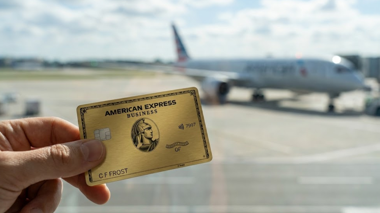 Tarjeta American Express Gold Business en metal con avión de fondo