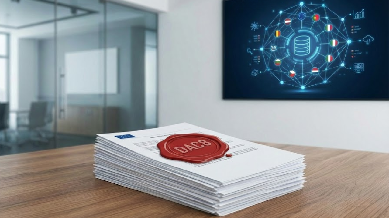 Stack of DAC8 documents and map of European countries