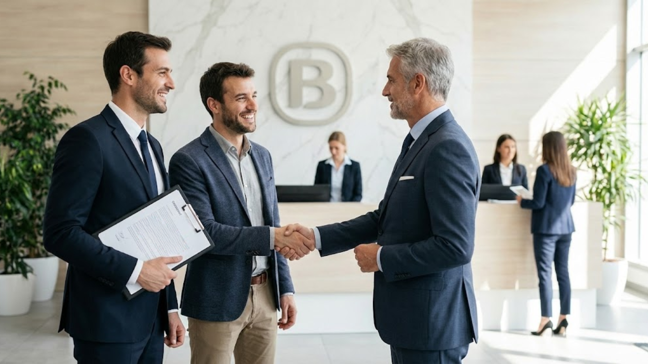 Professionista bancario che presenta documenti approvati