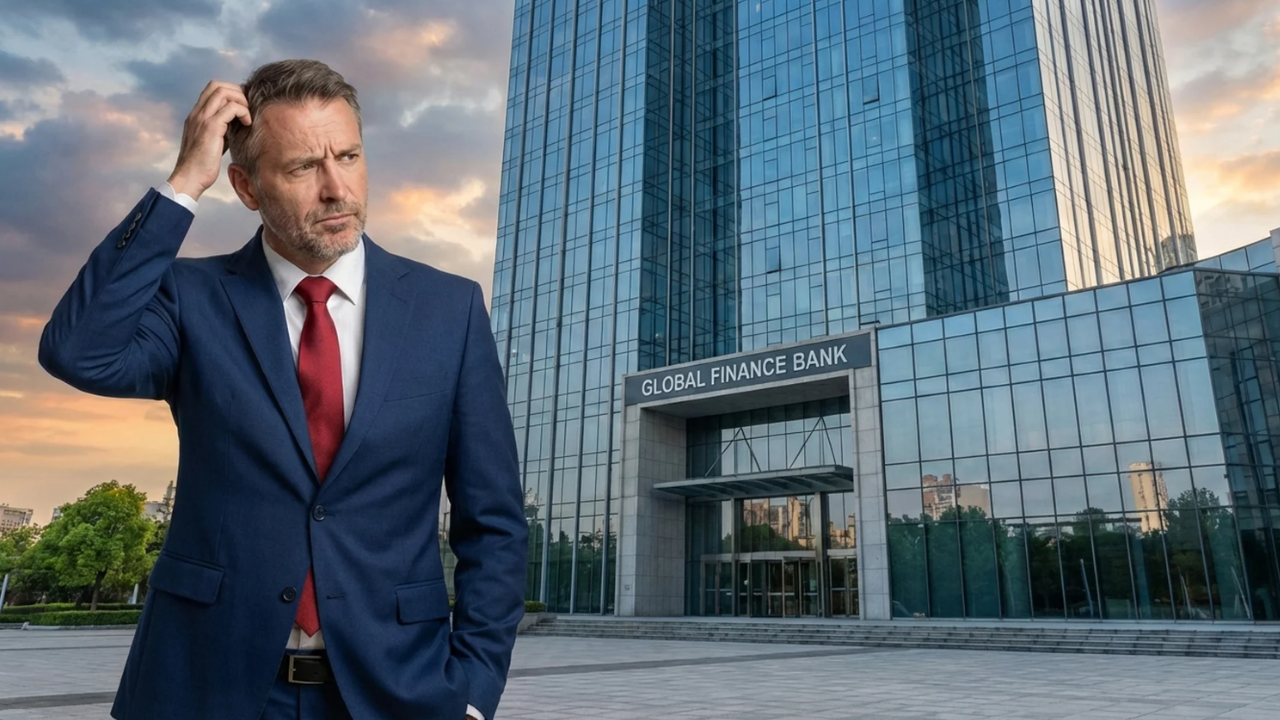 Imprenditore confuso che si gratta la testa davanti all'ingresso di una grande banca moderna, a rappresentare la difficoltà di scegliere il tipo di conto bancario internazionale più adatto