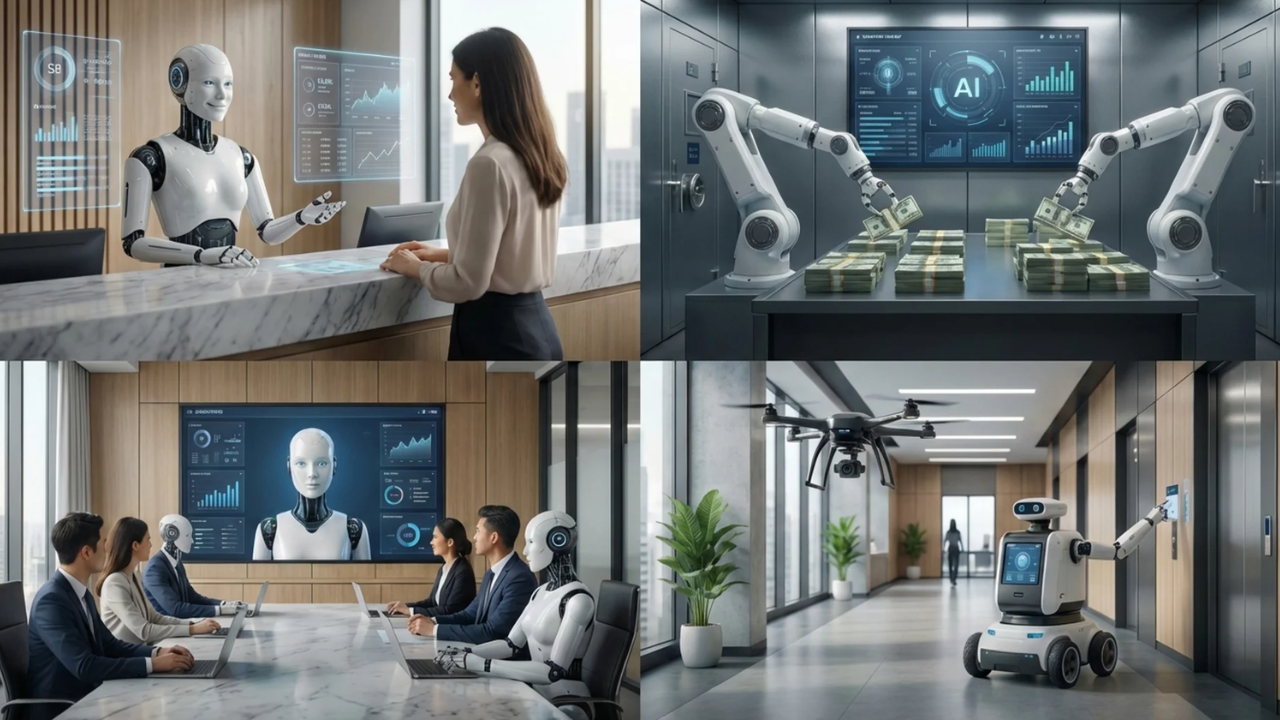 Robots and artificial intelligence systems at work in a modern banking office, representing the automation of financial processes and the digital transformation of major banks