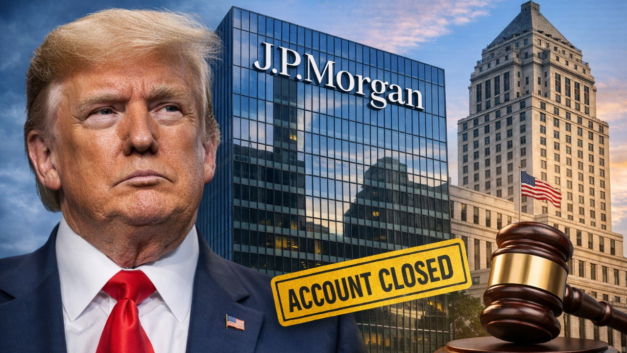 Donald Trump e sede di JPMorgan Chase a Miami nel contesto della causa per debanking politico