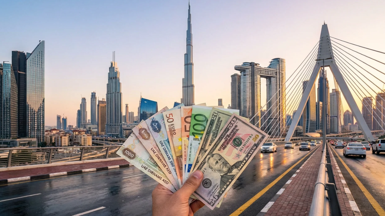 Skyline di Dubai visto da un ponte con una mano che tiene banconote di dirham emiratini, euro e dollari, a rappresentare la gestione dei capitali internazionali negli Emirati Arabi