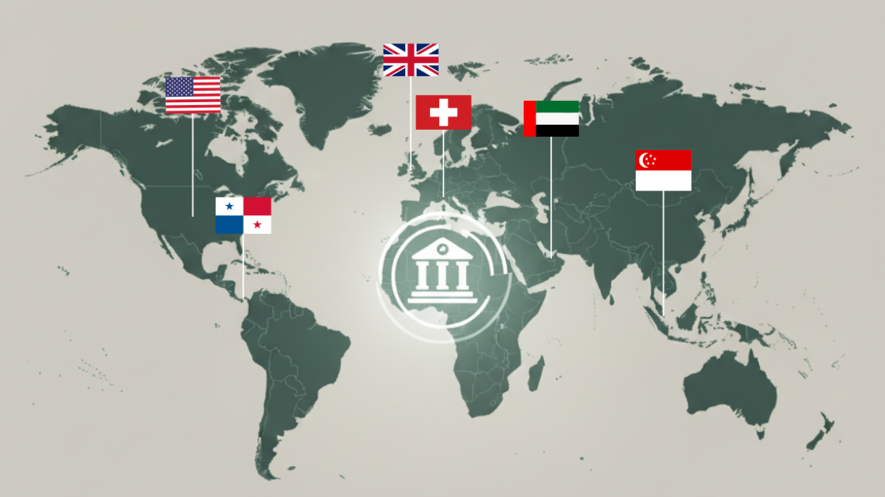 World map with flags of different countries representing the diversification of banking assets across multiple international jurisdictions to protect capital