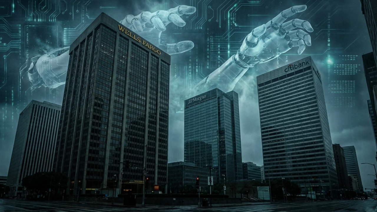 Edifici di JPMorgan, Wells Fargo e Citibank affiancati sotto un cielo digitale con mani robotiche in dissolvenza, a rappresentare l'integrazione dell'intelligenza artificiale nei processi delle grandi banche internazionali