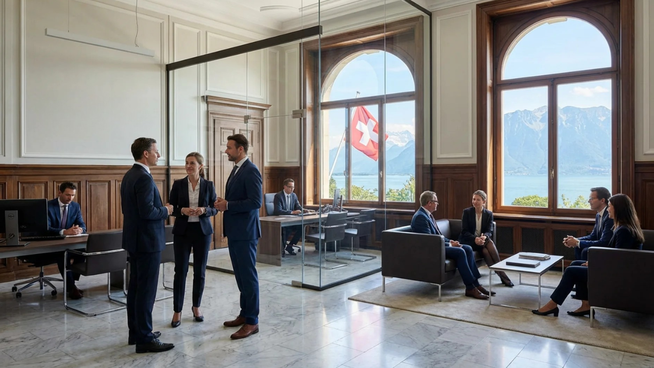 Interno elegante di una banca privata svizzera con arredi raffinati e clienti moderni, con vista dalle finestre sulla bandiera svizzera, un lago e le montagne alpine