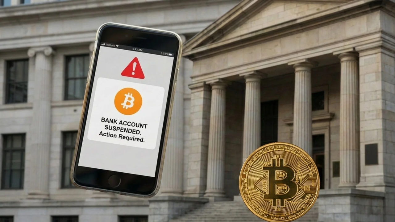 Schermata di uno smartphone con un avviso di blocco del conto corrente e una banca e un bitcoin sullo sfondo, a rappresentare il rischio di chiusura del conto per chi gestisce male l'esposizione cripto